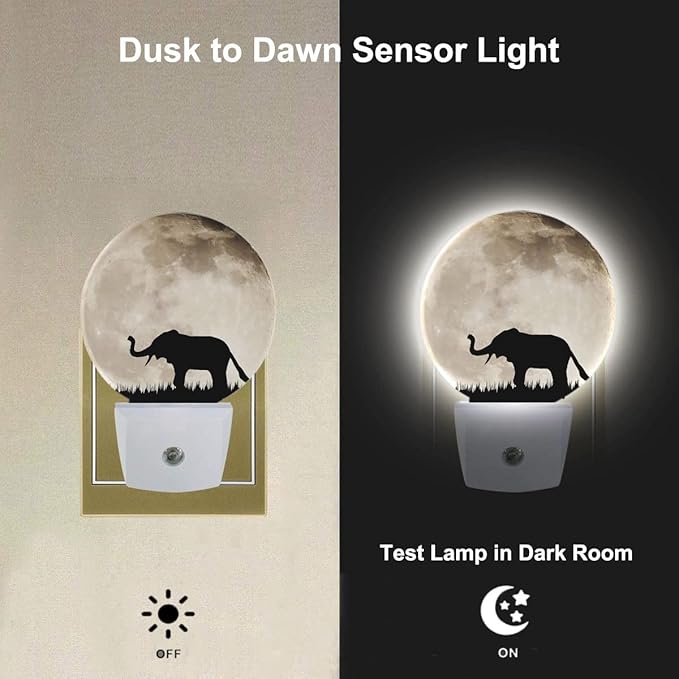 African Animal Night Light Silhouette Elephant on Full Moon Night Lights Plug into Wall 0.5W LED Lighting Auto on/Off for Hallway Stairway Kitchen Home Decor