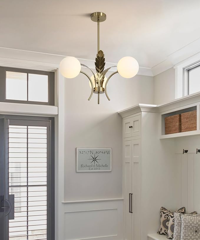 BOKT 3 White Globe Dining Room Light Fixtures Over Table Gold Brass Milk Glass Semi Flush Mount Ceiling Lights Mid Century Modern Sputnik Chandelier for Entryway Farmhouse Kitchen