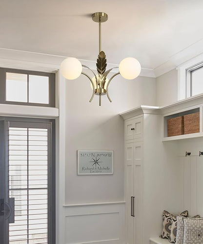 BOKT 3 White Globe Dining Room Light Fixtures Over Table Gold Brass Milk Glass Semi Flush Mount Ceiling Lights Mid Century Modern Sputnik Chandelier for Entryway Farmhouse Kitchen