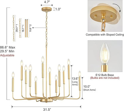 Modern Gold Chandelier for Dining Room,Metal 12-Light Kitchen Light Fixtures, Farmhouse Candle Hanging Pendant Light for Living Room Entryway Foyer Bedroom (Bulbs Not Included)