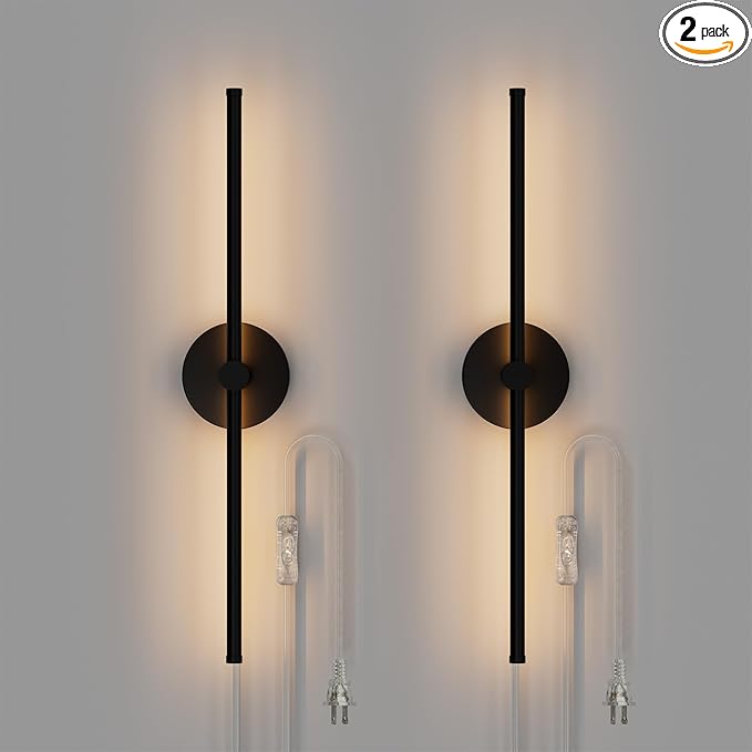 ZAGO Plug in or Hardwired Linear Wall Sconce: 24 Inch LED Indoor Modern Linear Wall Lights Set of Two with On/Off Switch, 5CCT Switchable, Matte Black, Dimmable for Living Room, Bedroom, Hallway