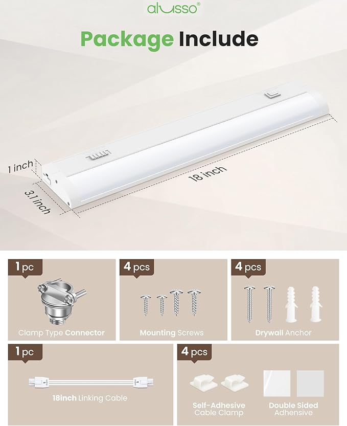 ALUSSO 18 Inch LED Under Cabinet Lighting Hardwired 120V, 5CCT Color Selectable 2700K-5000K Dimmable 10W 800LM High Brightness, CRI 90+ Strip Linkable Under Counter Lights for Kitchen Sink, 1 Pack
