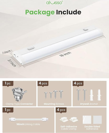 ALUSSO 18 Inch LED Under Cabinet Lighting Hardwired 120V, 5CCT Color Selectable 2700K-5000K Dimmable 10W 800LM High Brightness, CRI 90+ Strip Linkable Under Counter Lights for Kitchen Sink, 1 Pack