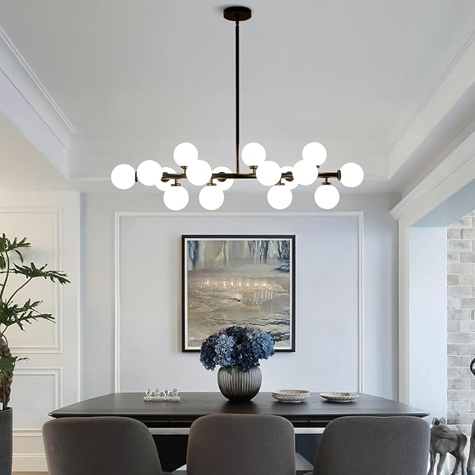 Modern Linear Chandeliers Black 16 Lights Pendant Light Fixtures Bubble Glass Chandelier Mid Century Sputnik Chandelier for Kitchen Island Dining Room