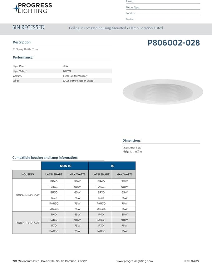 Progress Lighting P806002-028 6" Recessed Splay Baffle Trim Satin White 6" Housing (P806N Series), 5.177x8x8