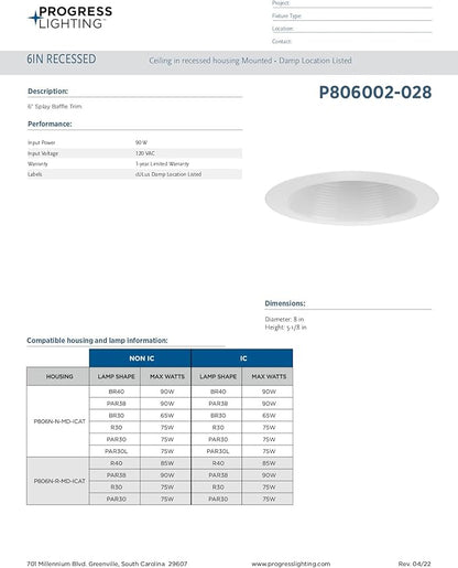 Progress Lighting P806002-028 6" Recessed Splay Baffle Trim Satin White 6" Housing (P806N Series), 5.177x8x8