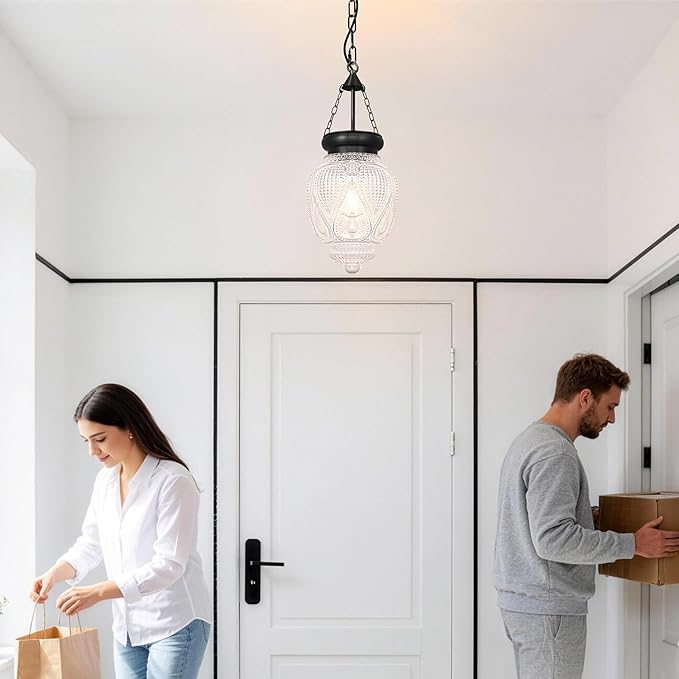 Vintage Pendant Lights Kitchen Island, Black Kitchen Pendant Lighting Over Island, Bathroom Pendant Light With 7.9" w*10.6" h Glass, Farmhouse Sink Light For Closet Pantry Entryway, Height Adjustable