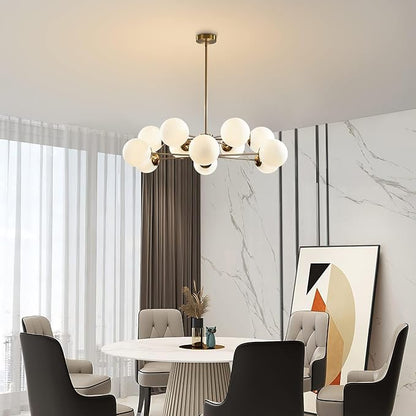 KCO Lighting 12-Light Glass Globe Sputnik Chandelier Light Fixture Mid Century Modern Chandeliers Brushed Brass Chandelier Milk White Glass Ceiling Light Fixture (Gold+White)