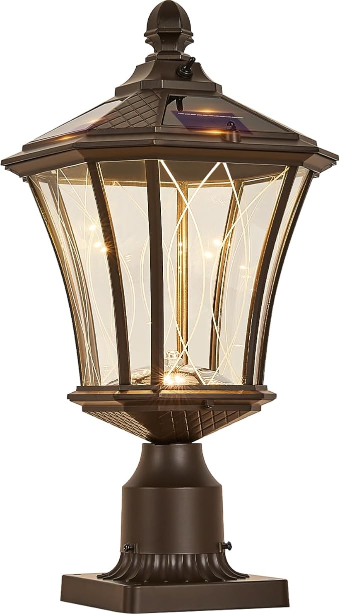 Dusk to Dawn Solar Outdoor Post Lights, Brown Outside Pillar Lights with Pier Mount Base, Waterproof Aluminum Solar Pole Lamps Head with Patterned Glass for Yard, Path, Garden