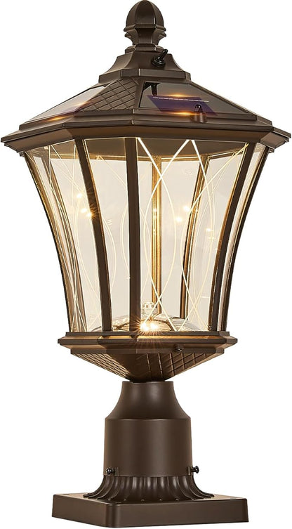 Dusk to Dawn Solar Outdoor Post Lights, Brown Outside Pillar Lights with Pier Mount Base, Waterproof Aluminum Solar Pole Lamps Head with Patterned Glass for Yard, Path, Garden