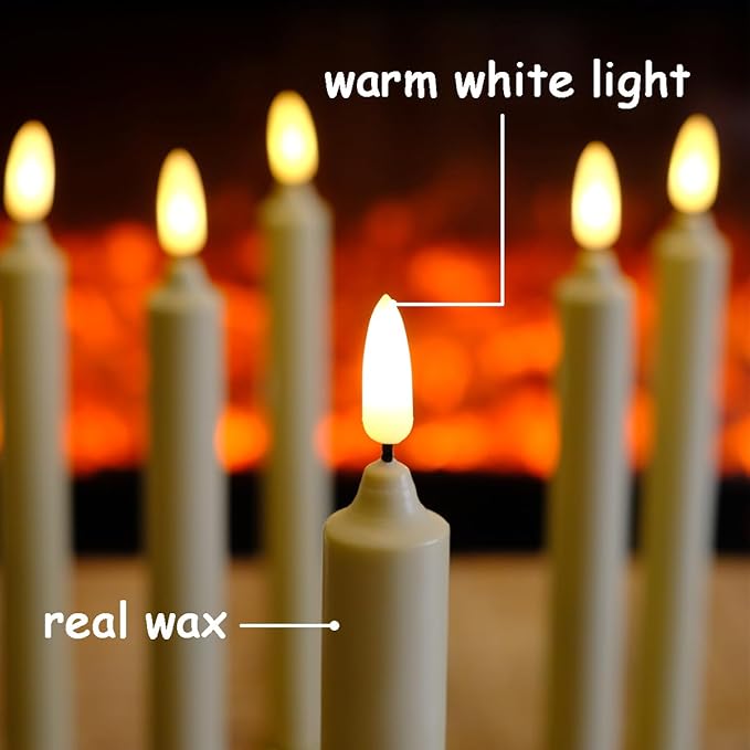 6 Pack Flameless Ivory real Wax Window Candles with 12 AA Batteries(Include, Run More Than 400 Hours) and Golden Candlebase, 10" Flickering Battery Operated LED Taper Windows Candles with Remote Timer
