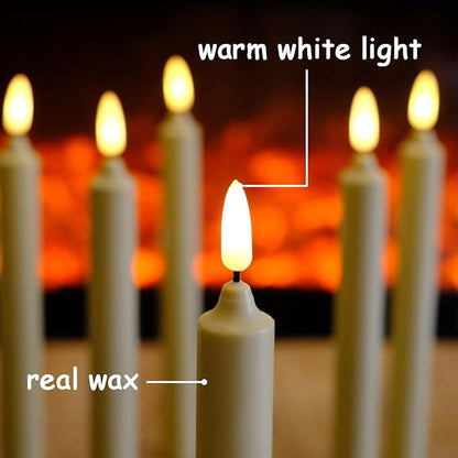 6 Pack Flameless Ivory real Wax Window Candles with 12 AA Batteries(Include, Run More Than 400 Hours) and Golden Candlebase, 10" Flickering Battery Operated LED Taper Windows Candles with Remote Timer