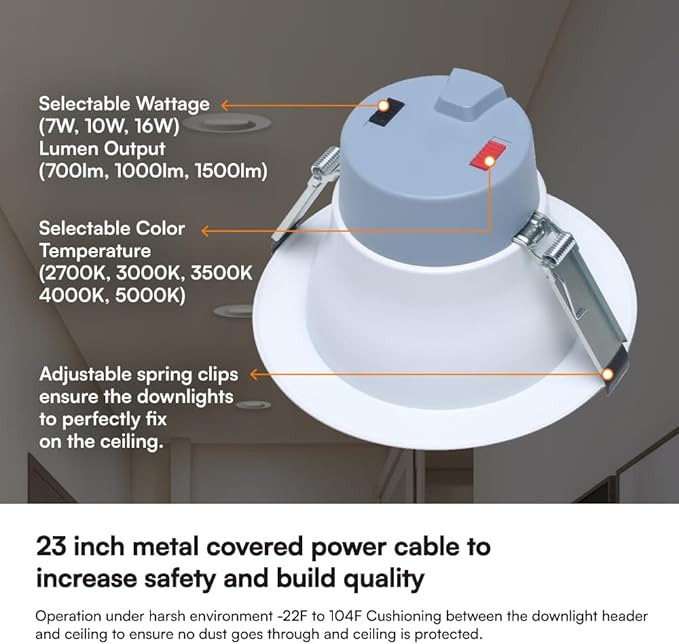 Euri Lighting DLC6C-16W203swej, 6” Commercial Downlight 120-277v, CCT (27/3/35/4/5) & Watt (7/10/16) Tunable, 0-10V DIM, 90+ CRI, Wet Rated, IC-Rated, UL, T24, JA8, Energy Star, 3YR, 50K HR WTY