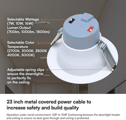 Euri Lighting DLC6C-16W203swej, 6” Commercial Downlight 120-277v, CCT (27/3/35/4/5) & Watt (7/10/16) Tunable, 0-10V DIM, 90+ CRI, Wet Rated, IC-Rated, UL, T24, JA8, Energy Star, 3YR, 50K HR WTY