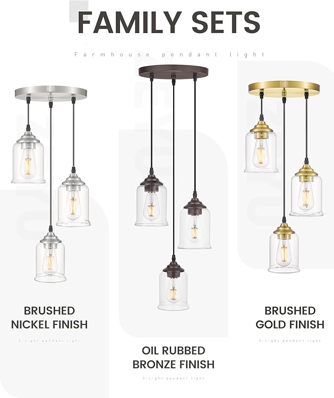 zeyu 3-Light Pendant Lighting, Adjustable Modern Cluster Pendant Light for Kitchen Island, Brushed Nickel Finish with Clear Glass Shade, ZSL104-3 BN