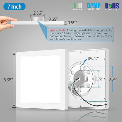 mw 7 Inch Square LED Flush Mount Ceiling Light, Slim LED Ceiling Lights, Dimmable 12W, 3000K/4000K/5000K, Low Profile White Fixtures for Bedroom, Kitchen, Bathroom, ETL Listed, Each Side is 6.38"