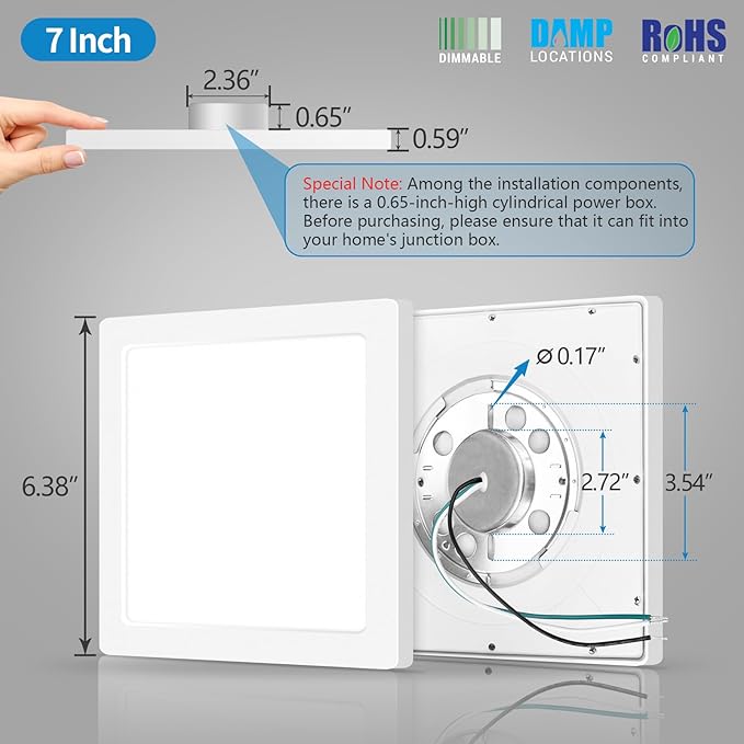 mw 4 Pack 7 Inch Square LED Flush Mount Ceiling Light, White Slim LED Ceiling Lights, Dimmable 12W, 120V, 3000K/4000K/5000K, for Bedroom, Kitchen, Bathroom, ETL Listed, Each Side is 6.38"