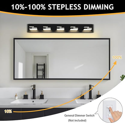 LED Modern Bathroom Vanity Light Fixtures 5-Light 34-inch 5CCT Dimmable Matte Black Vanity Lights for Bathroom Lighting Fixtures Over Mirror, with 360° Rotatable Acrylic Heads