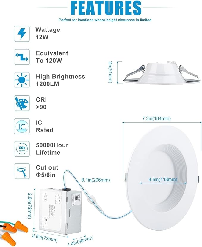 Lightdot 6 Inch Recessed Lighting 24 Pack White, 12W Dimmable LED Downlight 3CCT Selectable (3000K/4000K/5000K), Anti-Glare Slim Canless Ceiling Light