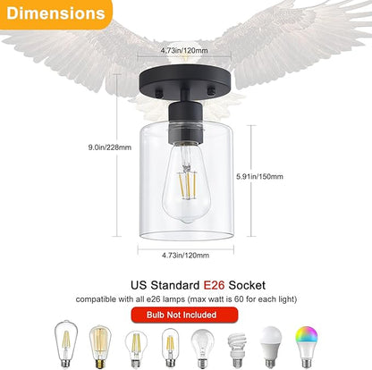 YYT Hallway Light Fixtures Ceiling Black 1 Light Semi Flush Mount Ceiling Light Hallway Light Fixtures Small Cieling Lights Single Light Fixture with Clear Glass Shade Set of 1