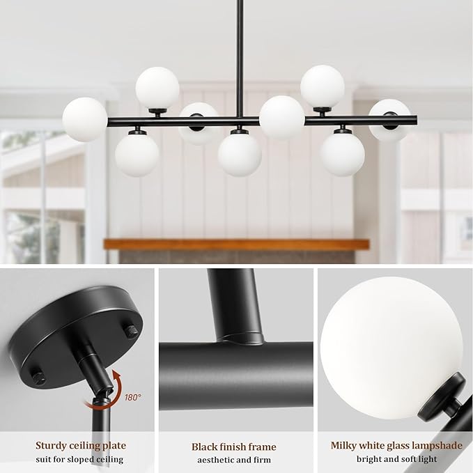 Mid Century Modern Sputnik Chandeliers: 9-Light Black Linear Dining Room Light Fixture - 40" Long Modern Milk White Glass Globe Pendant High Ceiling Chandelier Lighting for Living Room Kitchen Island