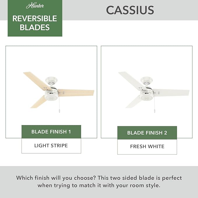 Hunter 44 inch Outdoor or Indoor Ceiling Fan No Light - White Ceiling Fan without Light, For Patio, Porch, Garage, or Living Room, Standard Mount, 3 Blades, Pull Chain - Cassius 50262, Fresh White