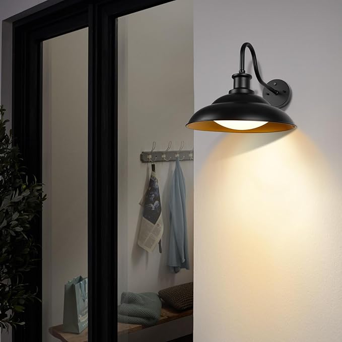 Dusk to Dawn LED Outdoor Barn Lights, 16 Inch Large Farmhouse Exterior Wall Light Fixtures with Adjustable Color Temperature, Modern Black Gold Porch Lights Outside for House Garage Doorway