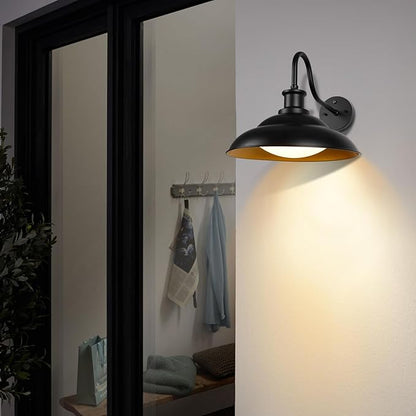 Dusk to Dawn LED Outdoor Barn Lights, 16 Inch Large Farmhouse Exterior Wall Light Fixtures with Adjustable Color Temperature, Modern Black Gold Porch Lights Outside for House Garage Doorway