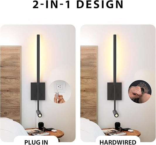 ZEROUNO Modern Plug in Wall Sconce Indoor Wall Light, Minimalist LED Line Wall Lamp with Switch, Adjustable Matte Black Wall lamp for Living Room Bedroom Hallway Reading etc