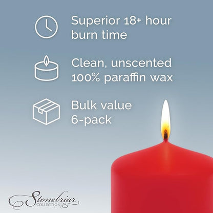 Stonebriar Unscented Pillar Candles – 18 Hour Burn Time, Long-Lasting Wax Candles for Weddings, Holidays, Home Décor & Special Events, Pack of 6, Red, 3" x 3"