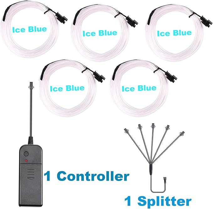EL Wire 5in1 Portable Neon Rope Lights Strip Wearable Battery Pack Body Lights-360°Illumination Super Bright Cuttable DIY Halloween Christmas Festival Party Game Room Cosplay Costume(Ice Blue 1M)