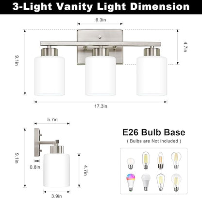 FonmYim Brushed Nickel Bathroom Light Fixtures, 3-Light Modern Vanity Light Over Mirror, Wall Sconces with Milky White Frosted Glass Shades, E26 Socket (Bulbs Not Included)