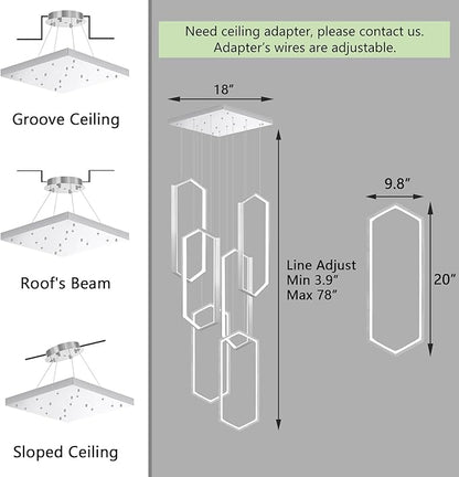 6 Rings Modern Chandelier LED Dimmable Pendant Lighting Adjust Flush Mount Ceiling Light for Foyer Lobby Living Room Staircaes Sliver 78.7''