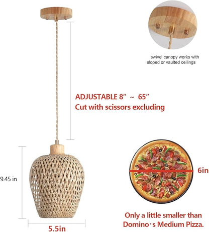 Bamboo Pendant Light Fixture One-Light Adjustable Boho Basket Handmade Woven Mini Pendant Lighting for Kitchen Island Sink Farmhouse Home
