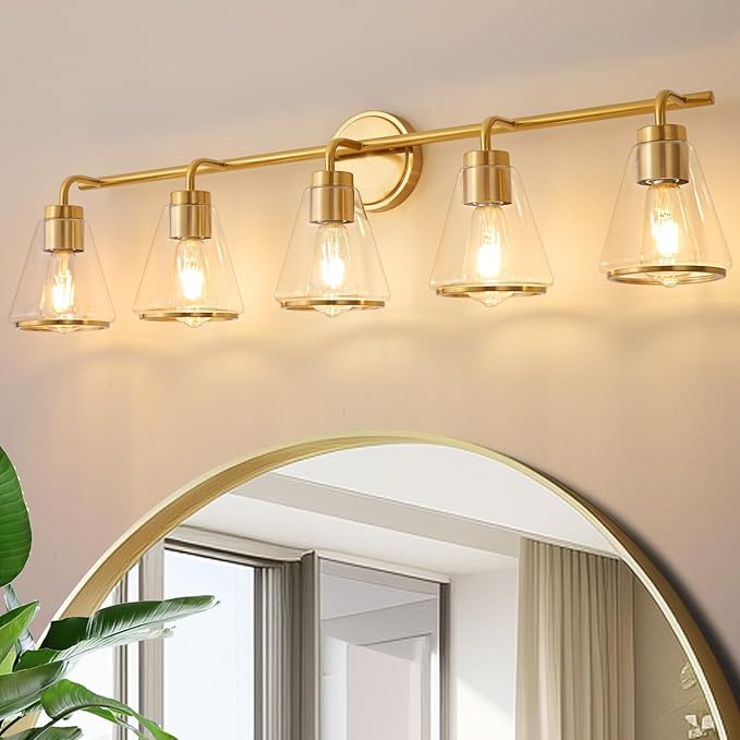 Gold Vanity Light 5 Lights 38.5" Large Vanity Lights for Bathroom, Wall Sconces Light with Clear Glass Shade, Light Fixtures for Bathroom, Living Room, Kitchen, Bedroom, E26 Base