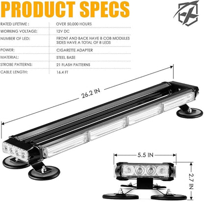 Xprite 26" COB LED Strobe Rooftop Flashing Light Bar, Double Side Hazard Warning Beacon Safety Police Lights w/Magnetic for Emergency Vehicles Trucks Cars Volunteer Traffic Security Blue