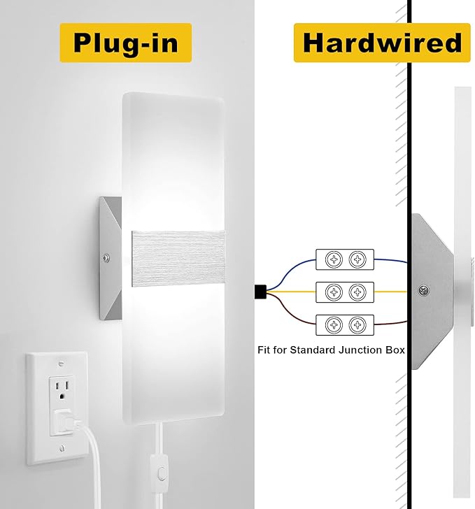 GOODATE 4 Pack Plug in Wall Sconces with Remote Control, Dimmable, Adjustable 3000K-6500K Colors, Silver 12W Acrylic LED Plug in Wall Light, Wall Lamps for Bedroom Living Room Hallway Stair