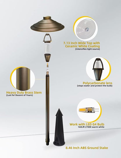 COLOER Brass Low Voltage Walkway Lights for Outside Bronze Finish 1-Pack with LED G4 Bulb,9-17V AC/DC 2W 2700K Warm White Outdoor Landscape Path Lights for Garden,Yard,Sidewalk or Driveway(601B)