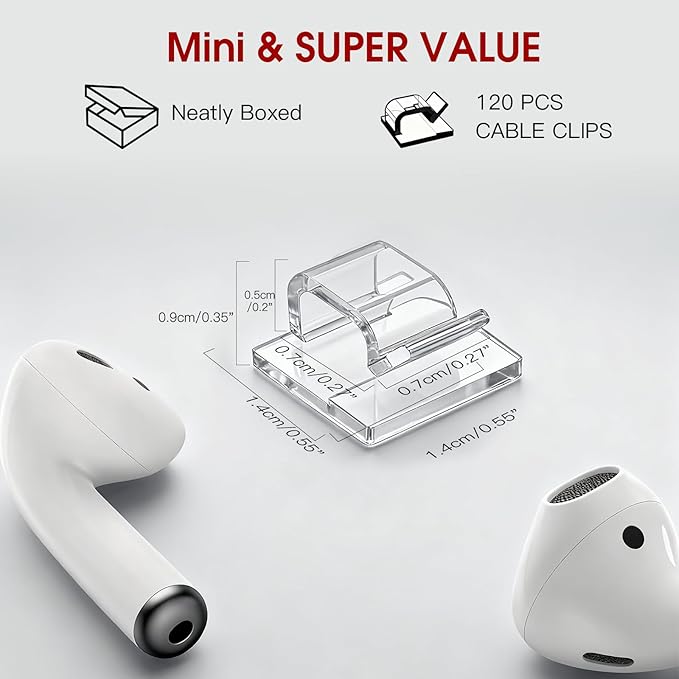 Latoxcaa 120PCS Heavy-Duty Adhesive Cable Clips, Clear Traceless Cord Organizer & Wire Holders for Wall, Desk, Car, LED Strips and Outdoor Lights (Small)