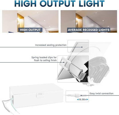 LUXRITE 3 Inch Square LED Recessed Ceiling Light with Junction Box, 10W, 5CCT Selectable 2700K/3000K/3500K/4000K/5000K, 800LM High Brightness, Dimmable Canless Downlight, Wet Rated, ETL (4 Pack)