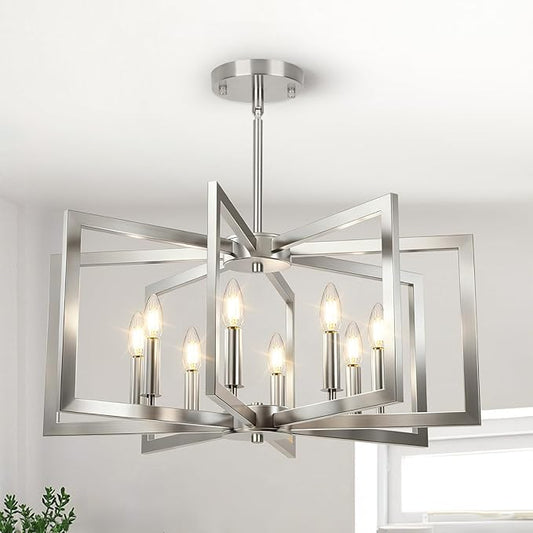 8-Light Brushed Nickel Chandelier, Farmhouse Dining Room Light Fixture, Modern Chandelier, Geometric Industrial Metal Hang Lighting Fixture for Foyer Entryway Kitchen Over Table Hallway Living Room