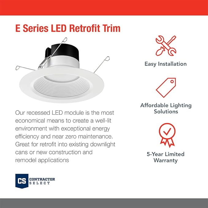 Juno E Series 5"/6" LED Ceiling Light, Baffle Trim Recessed Lighting with 5-in-1 Switchable White Color, 1200 Lumens for High Ceilings, Wet Rated LED Downlight, Dimmable, White, 6-Pack