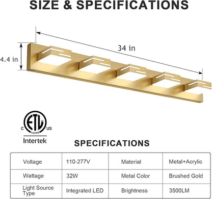 LED Modern Bathroom Vanity Light Fixtures, 5-Light 34-inch Dimmable Gold Vanity Lights for Bathroom Lighting Fixtures Over Mirror, with 360° Rotatable Heads (Cool White 6000K)