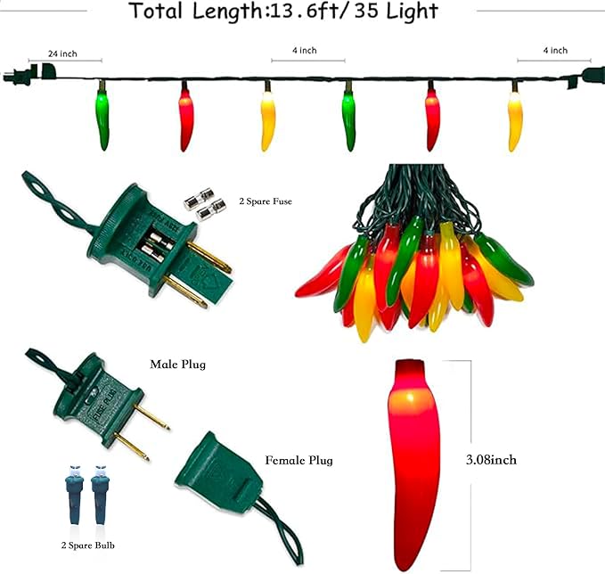 13.6FT Chili Pepper String Lights,Energy-Efficient LED Indoor/Outdoor Decorative Lighting with 35 Multicolor Peppers for Christmas,Garden,Kitchen,Patio,Party and Carnival Decorations (Green Wire)