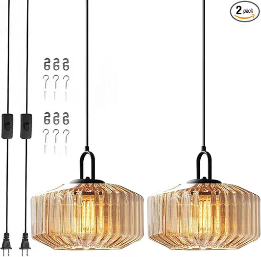 Plug in Pendant Lights - Amber Glass Stripe Lamp Shade, Large Globe Hanging Lamp Mid Century Hanging Lamp with 14.7 ft Plug in Cord Swag Style, Plug in Light Fixture for Living Room
