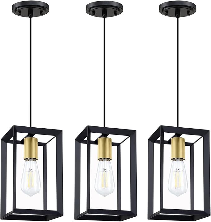 1 Light Hanging Rustic Farmhouse 5.7" Metal Lantern Cage Pendant Ceiling Light Fixture Over Sink Dining Room Bedroom Kitchen Island 3 Pack Black Gold