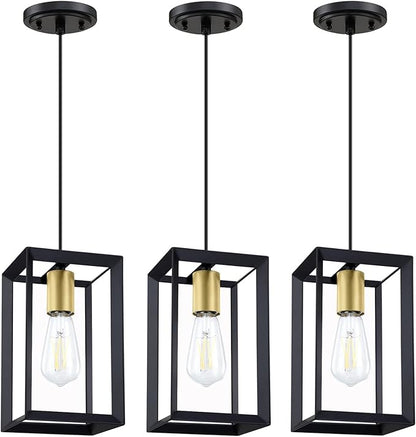 1 Light Hanging Rustic Farmhouse 5.7" Metal Lantern Cage Pendant Ceiling Light Fixture Over Sink Dining Room Bedroom Kitchen Island 3 Pack Black Gold