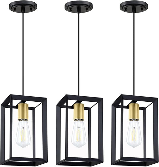 1 Light Hanging Rustic Farmhouse 5.7" Metal Lantern Cage Pendant Ceiling Light Fixture Over Sink Dining Room Bedroom Kitchen Island 3 Pack Black Gold