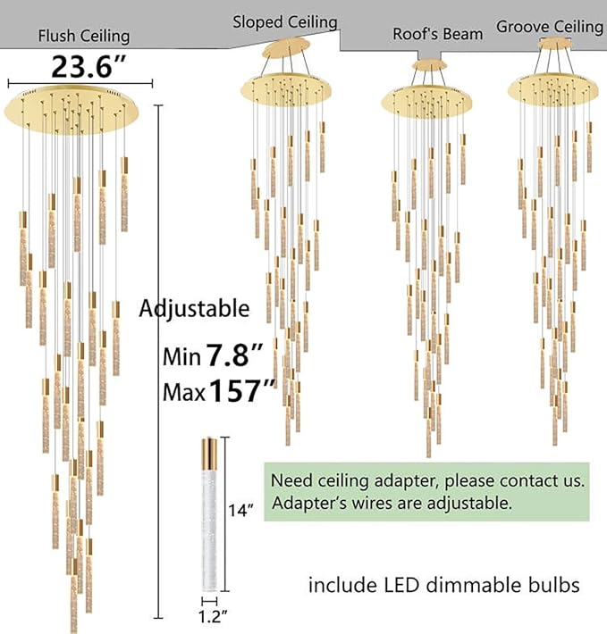 HAIXIANG 13FT High Ceiling Chandelier for Entryway Modern Crystal LED Light Glam Chandeliers for Living Room Foyer Sloping Ceiling Pendant Lighting Fixture 24-Lights Gold