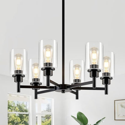 Modern Black Chandeliers for Dining Room, 6-Light Chandelier Light Fixture with Clear Glass Shades, Metal Hanging Pendant Lighting for Living Room, Kitchen, Staircase, Entryway